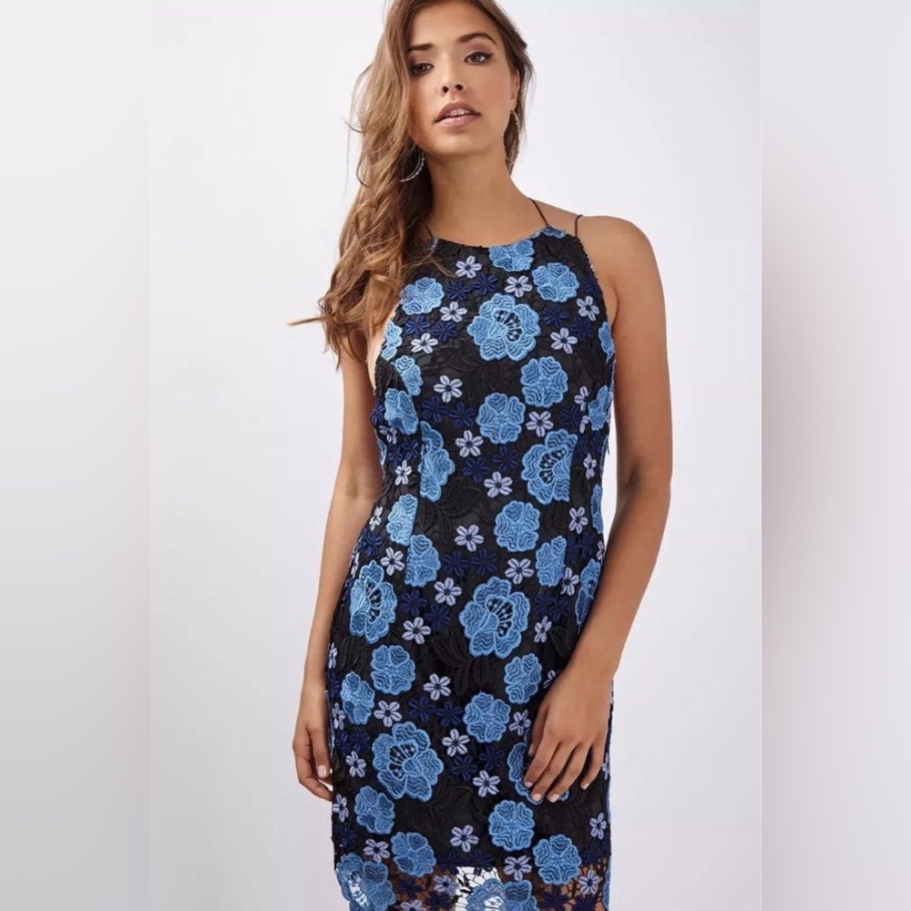 Blue Floral Embroidered Topshop Mini Backless Dress